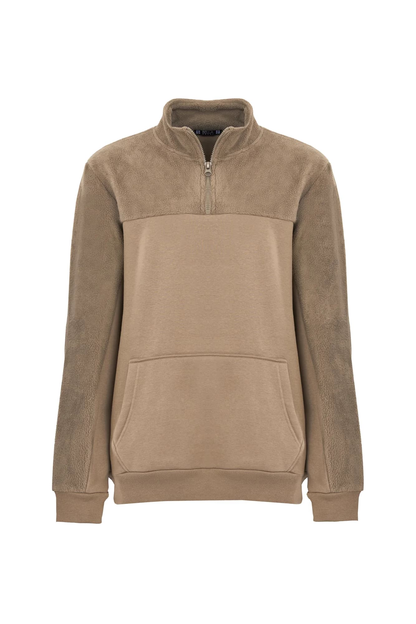 Bej fermuarlı sweatshirt, beyaz fonda ghost mannequin çekimi